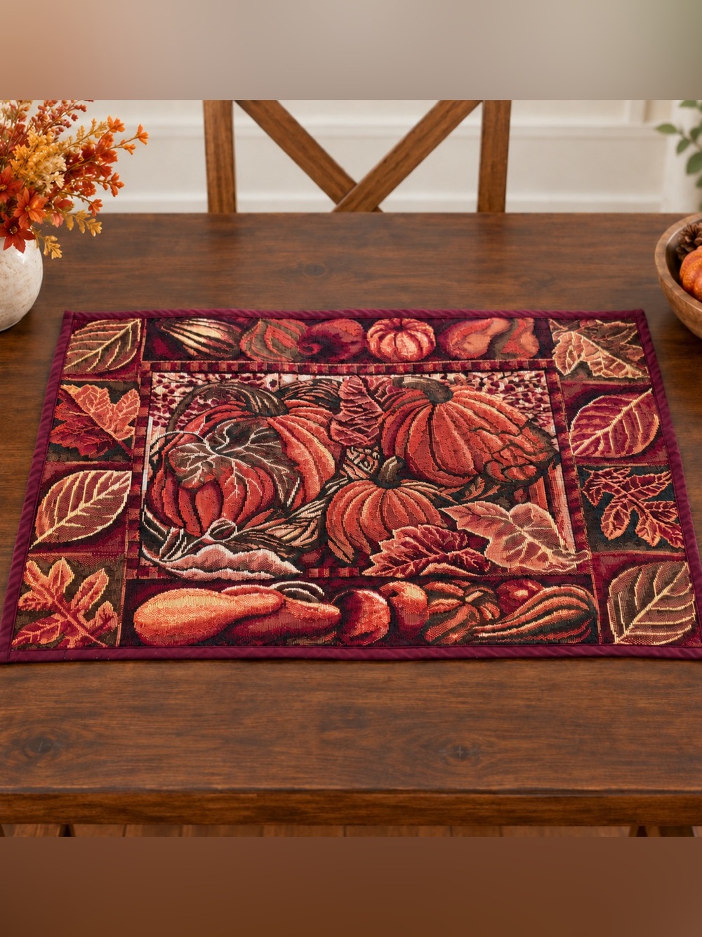 Vintage Pumpkin Tapestry Table Topper 28x19 Fall Harvest Thanksgiving